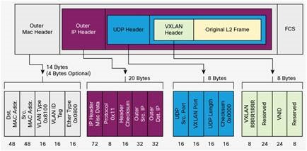 این تکنولوژی با Encapsulate کردن مک آدرس در بسته های UDP انتشار VLAN را بر روی بستر IP ممکن ساخته و میتوانیم تمامی VLAN ها را از هر نقطه ای به نقطه دیگر امکانپذیر میسازد.
همانطور که در شکل زیر مشاهده میکنید به فریم لایه 2 اصلی ما هدر VXLAN اضافه شده و سپس بسته در یک دیتاگرام UDP قرارگرفته و در نهایت با اضافه شدن هدر IP به Packet تبدیل شده و آماده انتقال می گردد.